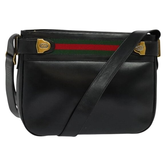 GUCCI Web Sherry Line Shoulder Bag Leather Black Gold 001 406 0552 Auth ep10387 - Picture 1 of 16